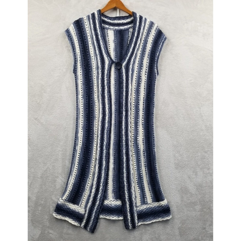 Duster Vest Women S Blue White Striped‎ Open Knit Long Sleeveless Hippie Boho